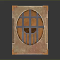 Industrial Vintage Equipment with Cube Design Wooden Metal Ornate Frame Circular Openings and Windows