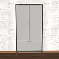 Modern Storage Cabinet With Gray Double Doors And Drawer Against Textured Wall On Wooden Floor