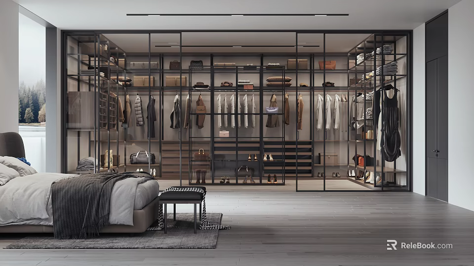 Modern Walk In Closet Interior With Glass Partitions And Clothes Bags Shoes Storage 3d model 