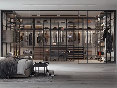 Modern Walk In Closet Interior With Glass Partitions And Clothes Bags Shoes Storage 3d model