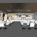 Modern Cafeteria Interior With Wooden Ceiling Tables Chairs And Menu Screens