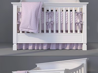 White Baby Crib With Purple Bows Striped Blanket And Ruffled Skirt 3d model