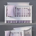 White Baby Crib With Purple Bows Striped Blanket And Ruffled Skirt