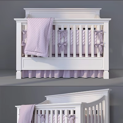 White Baby Crib With Purple Bows Striped Blanket And Ruffled Skirt 3d model