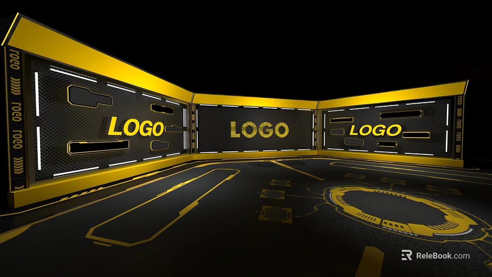 Yellow And Black Background Wall With Multiple LOGOs And Illuminated Lines 3d model 
