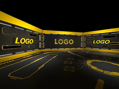 Yellow And Black Background Wall With Multiple LOGOs And Illuminated Lines 3d model