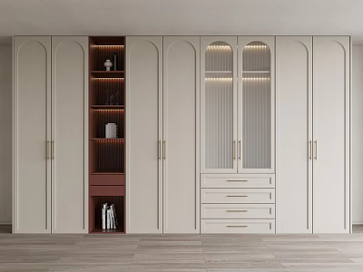 Modern Light Colored Wardrobe With Glass Doors Dark Accent Open Shelves Drawers And Gold Handles 3d model