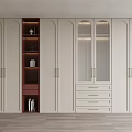 Modern Light Colored Wardrobe With Glass Doors Dark Accent Open Shelves Drawers And Gold Handles