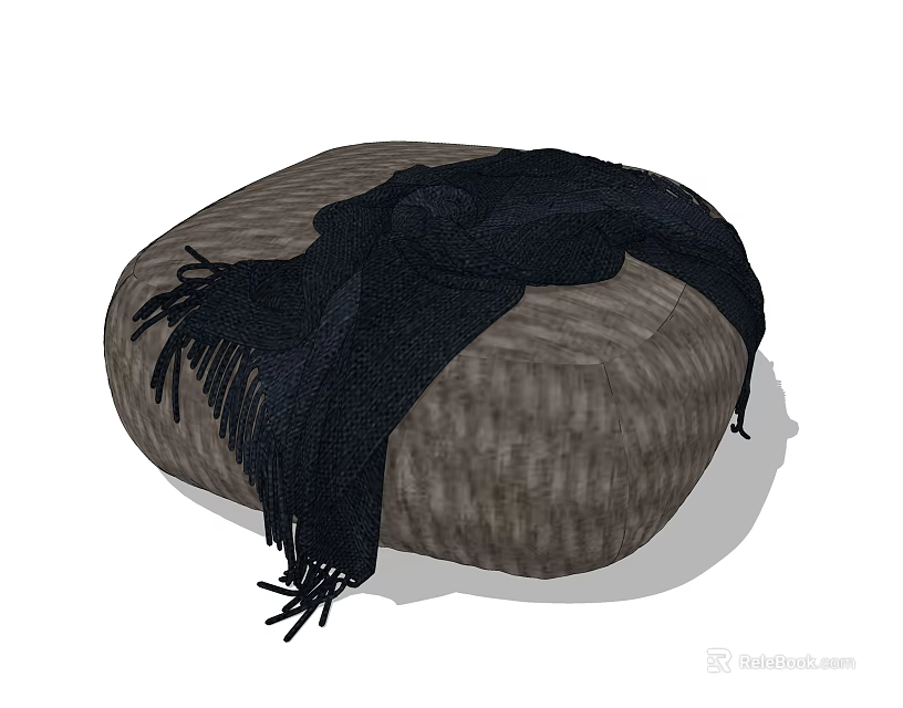 Modern Round Textured Fabric Ottoman With Black Fringed Blanket On Top Surface 3d model 