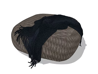Modern Round Textured Fabric Ottoman With Black Fringed Blanket On Top Surface 3d model