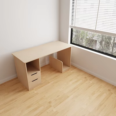 Light Wood Desk Near Window With Blinds Drawers And Open Compartments On Light Wood Floor 3d model