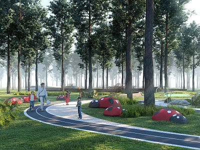 Scenic Park Landscape With Tall Trees Winding Path Green Grass And Red Black Mushroom Decorations 3d model