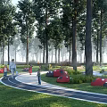 Scenic Park Landscape With Tall Trees Winding Path Green Grass And Red Black Mushroom Decorations