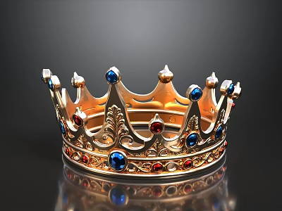 Golden Decorative Crown Featuring Blue And Red Gemstones On Reflective Surface 3d model