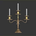 Three Arm Gold Copper Candelabra With White Candles And Ornate Base