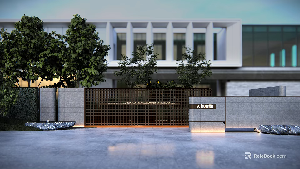 Modern Outdoor Feature Wall With Metal Grid Design And Trees Near Building Entrance 3d model 