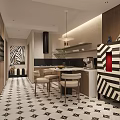 Modern Dining and Living Room Interior With Sofa Dining Table Patterned Flooring And Lighting
