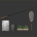 Fishing Gear Collection With Rod Landing Net Buckets And Green Tackle Box
