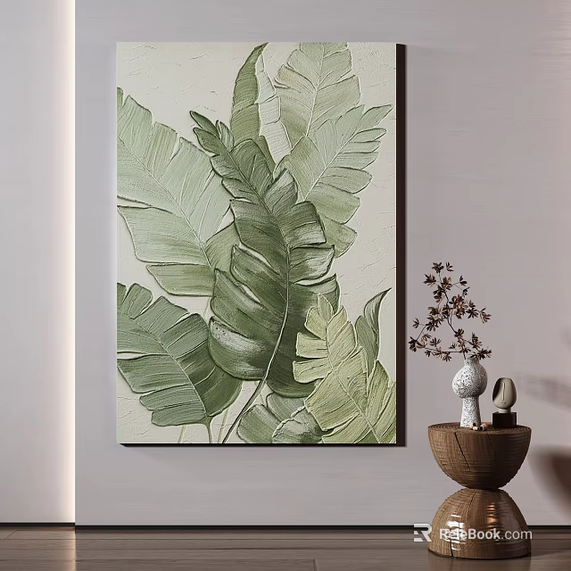 Large Green Leaf Botanical Painting As Decorative Wall Art With Small Ornaments 3d model 