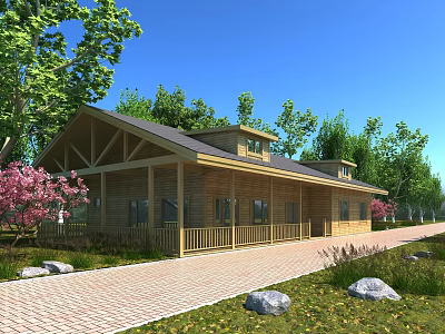 Wooden House Exterior With Porch Railing Brick Pathway And Pink Flowering Trees 3d model