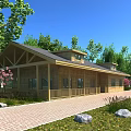 Wooden House Exterior With Porch Railing Brick Pathway And Pink Flowering Trees