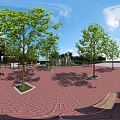 Scenic Park Landscape With Green Trees Rock Formation White Pillars And Brick Paved Ground