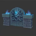 Mystical Blue Door With Dragon Carved Design And Brick Pillars Flaming Torches