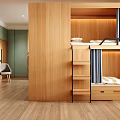 Modern Dormitory Room Interior With Wooden Bunk Beds Curtains And Storage Cabinets
