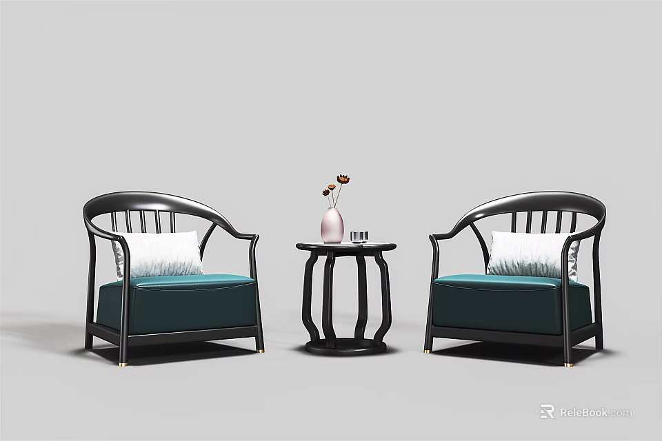 Casual Sofa Set With Two Green Cushioned Sofas White Pillows And Decorative Side Table 3d model
