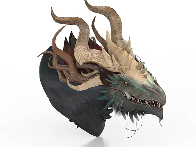 3D Fantasy Dragon Head With Intricate Horns And Ornamental Design 3d model