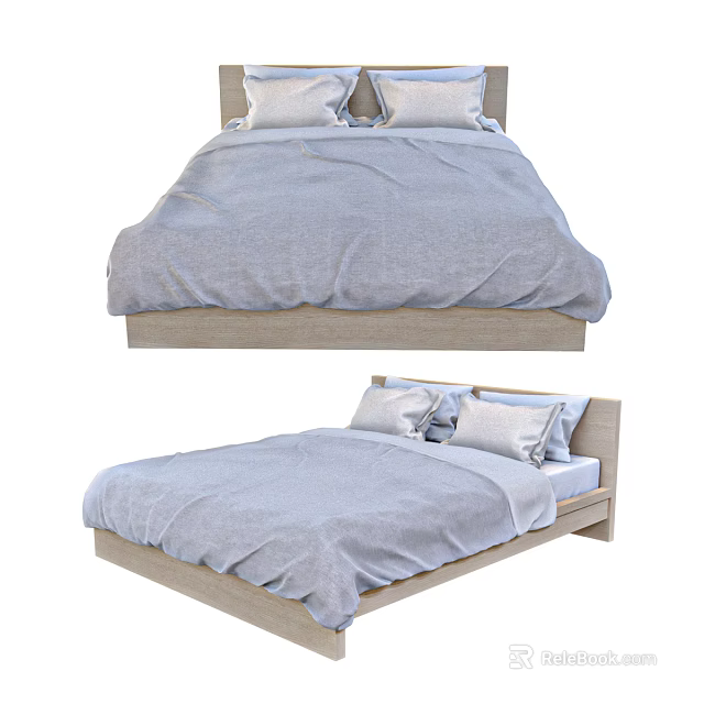 Modern Double Bed With Wooden Frame Light Blue Bedding And Pillows 3d model