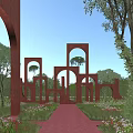 Garden Landscape Design with Red Arch Structures Green Trees and Pathway 3d model