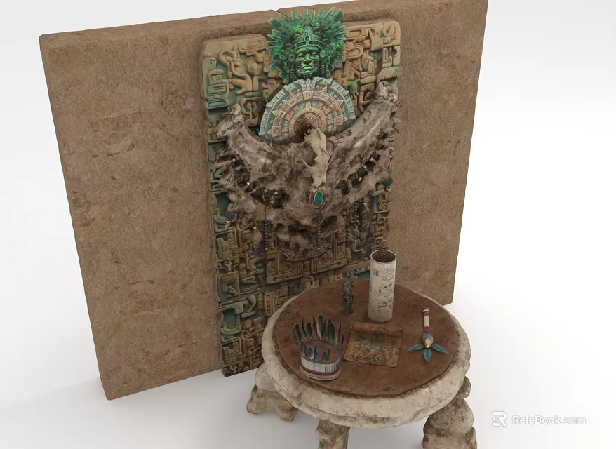 Ornament Decoration Set With Carved Panel Eagle Ornament Green Plant Stone Table And Container Pens 3d model 