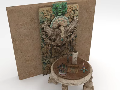 Ornament Decoration Set With Carved Panel Eagle Ornament Green Plant Stone Table And Container Pens 3d model