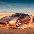 Orange Sleek Sports Car Driving Through Desert Kicking Up Sand Dust