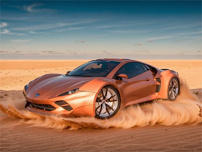 Orange Sleek Sports Car Driving Through Desert Kicking Up Sand Dust 3d model