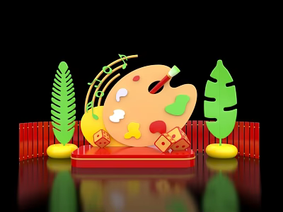 Artistic Commercial Equipment with Palette Brush Paint Green Leaves Red Fence and Colorful Cubes 3d model