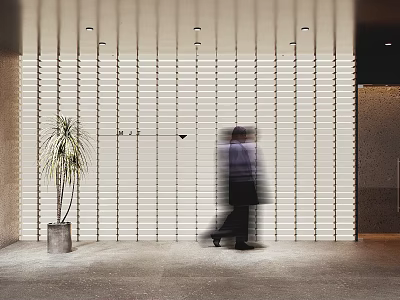 Modern White Vertical Slat Partition In Interior Space With Plant And Walking Person 3d model