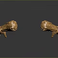 Golden Mechanical Arms 3D Rendered on Black Surface with Reflective Details