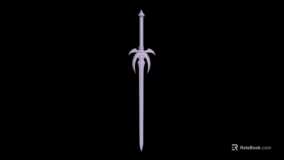 Silver Medieval Sword With Long Handle Three Pronged Guard And Pointed Tip 3d model 
