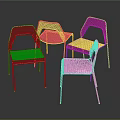 Colorful Modern Mesh Chairs in Red Yellow Blue White with Dark Background Reflection
