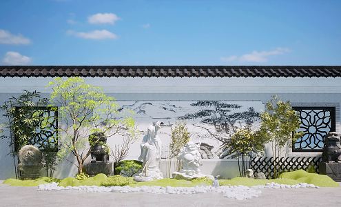 New Chinese style landscape sketch courtyard sketch rockery stone dry landscape courtyard landscape pine outdoor plants Zen landscape 3d model