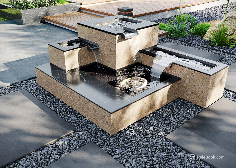 Stylish Garden Decor With Tiered Water Fountain Stone Slabs Pebble Surroundings And Lush Plants 3d model 