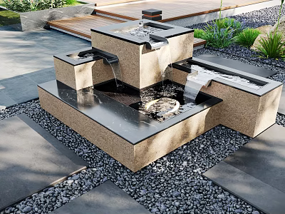 Stylish Garden Decor With Tiered Water Fountain Stone Slabs Pebble Surroundings And Lush Plants 3d model