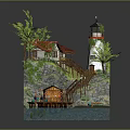 Cartoon Scene With Lighthouse Red Roof Cottage Cliff Trees Pier And Boat On Water