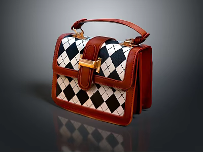 Stylish Leather Handbag With Black White Argyle Pattern Brown Trim Golden Buckle And Top Handle 3d model