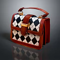 Stylish Leather Handbag With Black White Argyle Pattern Brown Trim Golden Buckle And Top Handle