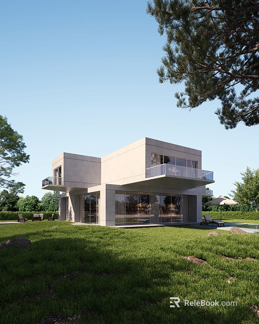 Modern Detached Villa Exterior Design With Large Glass Windows Balcony And Green Lawn 3d model 