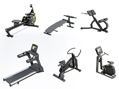 Different Types of Sports Equipment Including Rower Weight Bench Exercise Bike and Treadmill 3d model