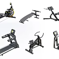 Different Types of Sports Equipment Including Rower Weight Bench Exercise Bike and Treadmill